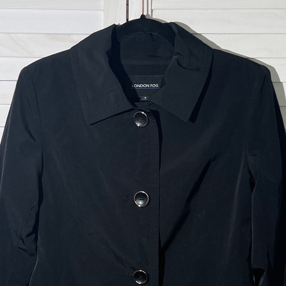 London Fog Black Snap-Front Mid Length Classic Raincoat Pockets Size - Picture 3 of 9